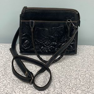 PATRICIA NASH Black Leather Hand Tooled Rose Crossbody Handbag